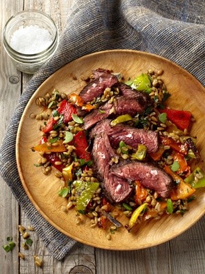 Flat iron steak with freekeh and peppers