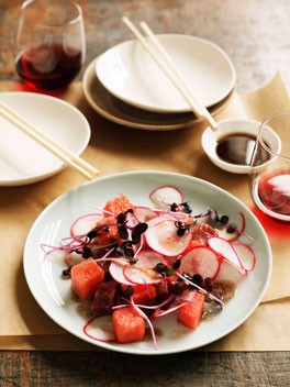 Flat-iron steak with watermelon and red cabbage
