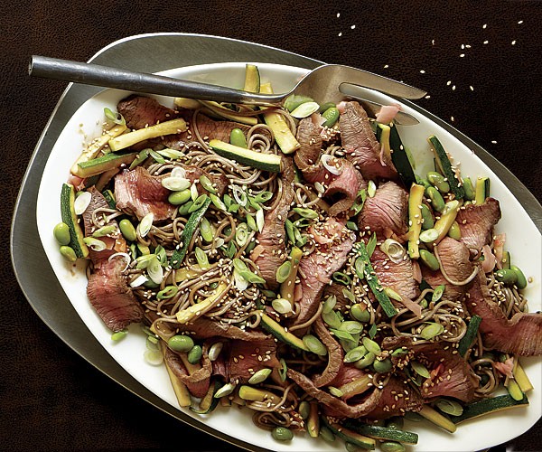 Flat iron steak with zucchini, edamame, and soba noodles