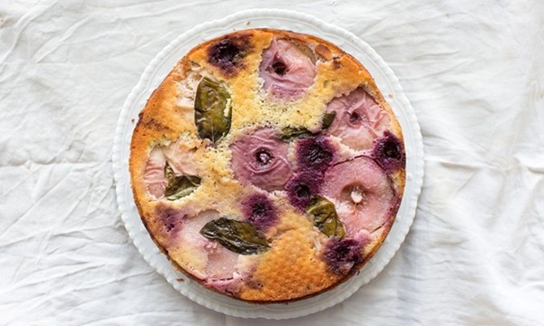 Flat peach, cherry and basil cake