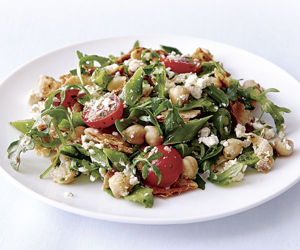 Flatbread salad with tomato, chickpeas, feta, and mint