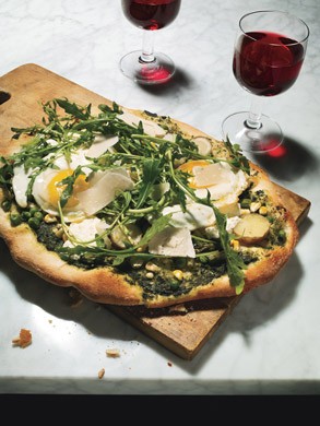 Flatbread with arugula, asparagus, and fried eggs