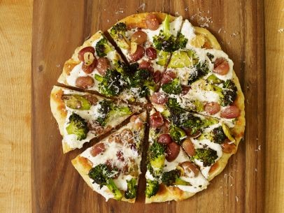 Flatbread with charred broccoli and roasted grapes