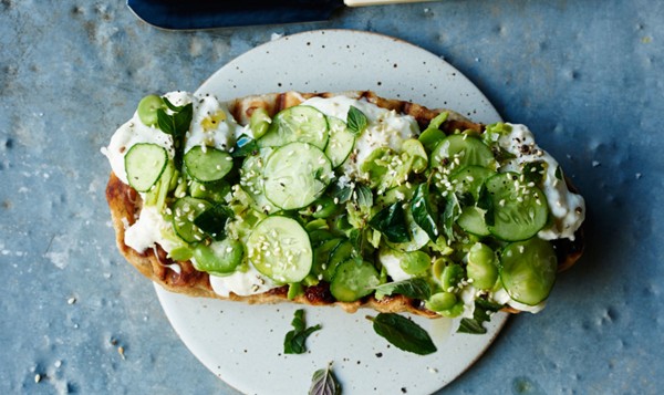 Flatbread with fava beans, cucumbers, and burrata