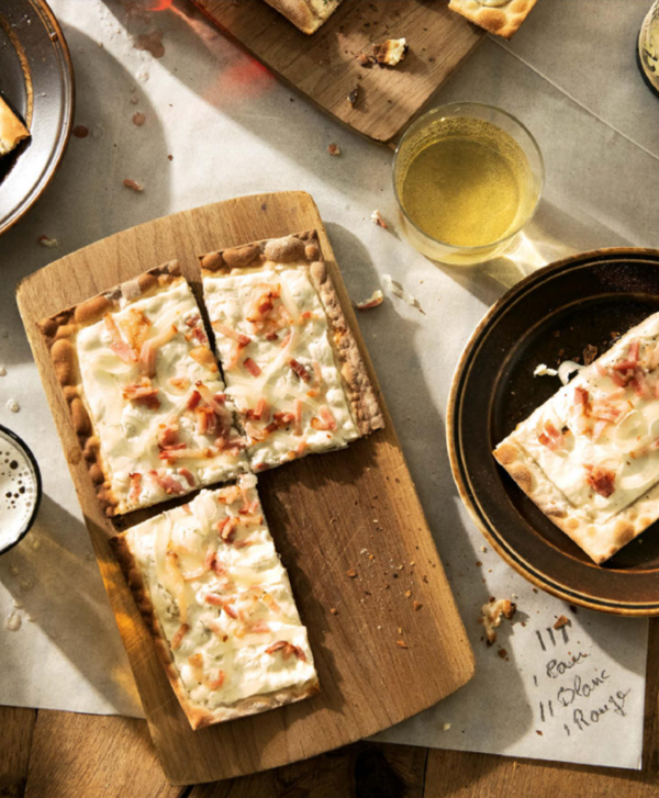 Flatbread with fromage blanc, onions, and bacon (Tarte flambée)