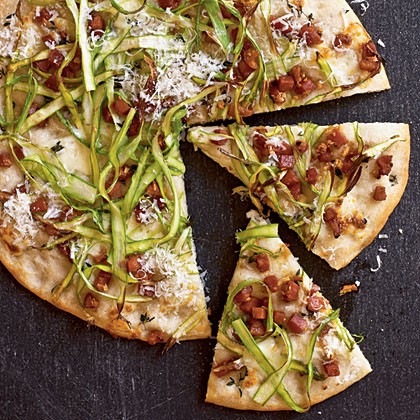Flatbread with pancetta, mozzarella, and asparagus