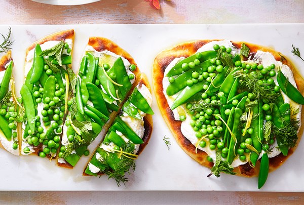 Flatbread with whipped ricotta and all the peas