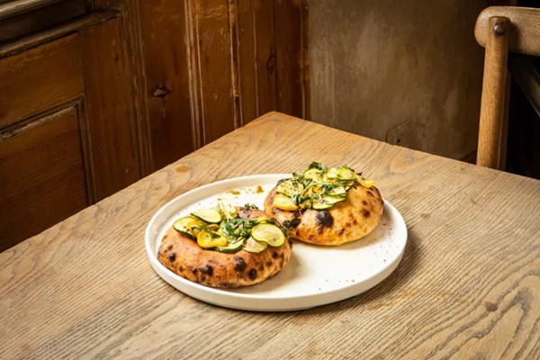 Flatbreads with courgettes, olives and marjoram
