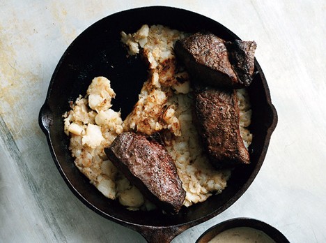 Flatiron steaks with creamy juniper sauce and hash browns