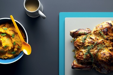 Flattened honey mustard and garlic spatchcock roast chicken with sweet potato and mint mash