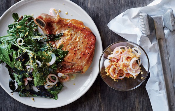 Flattened pork chops with greens and mustard pan sauce