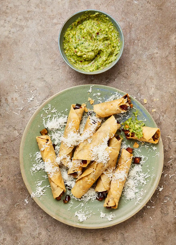 Flautas with spiced aubergine and avocado salsa
