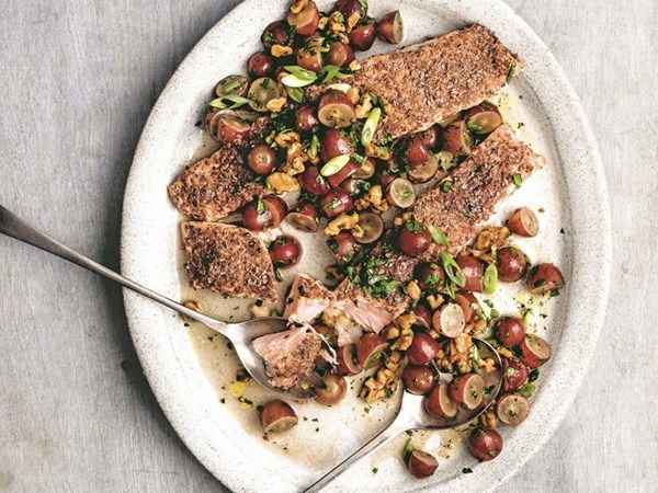 Flaxseed-crusted salmon with a grape and walnut salsa