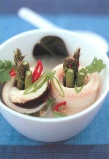 Flounder and asparagus rolls in chilli, lemongrass and ginger broth