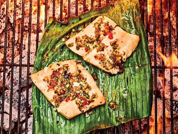Flounder grilled on banana leaves