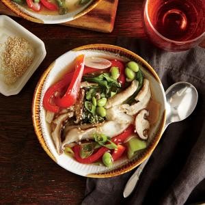 Flounder in ginger-sesame broth with edamame and bok choy