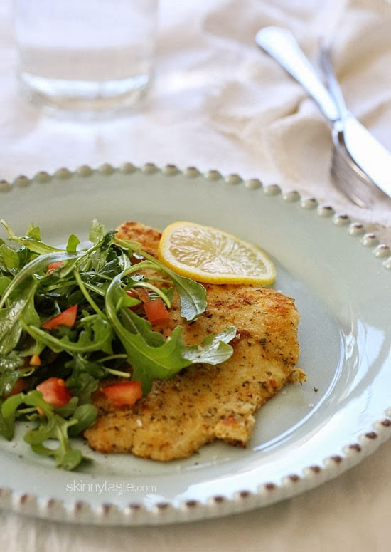 Flounder Milanese with arugula and tomatoes