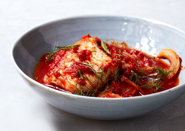 Flounder poached in fennel-tomato sauce