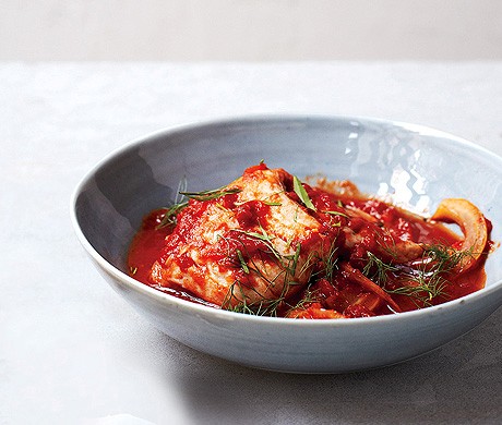 Flounder poached in fennel-tomato sauce
