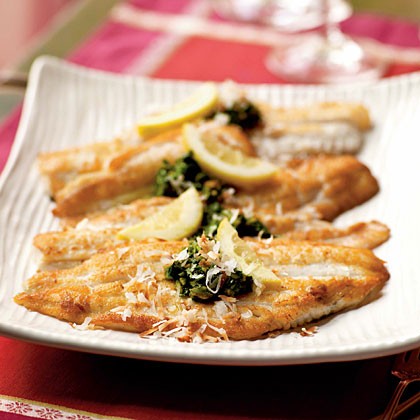 Flounder with cilantro-curry topping and toasted coconut