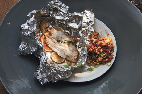 Flounder with corn and tasso maque choux