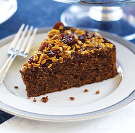 Flourless chocolate-almond cake with almond-cherry-caramel glaze