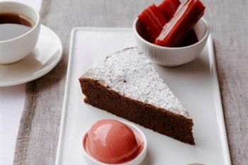 Flourless chocolate cake, poached rhubarb & raspberry sorbet