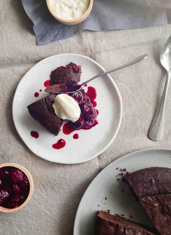 Flourless chocolate cake with sour cherry compote