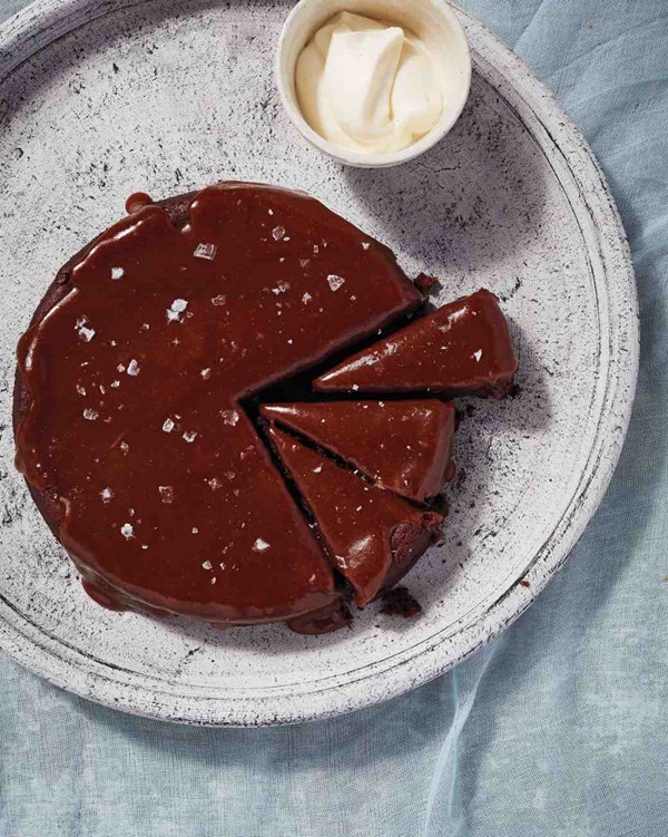 Flourless chocolate-date cake with salted-caramel sauce