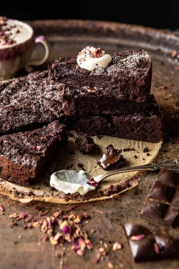 Flourless chocolate espresso olive oil cake with honey whipped ricotta