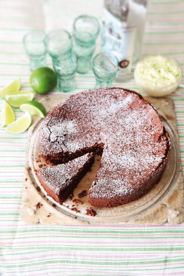 Flourless chocolate lime cake with margarita cream