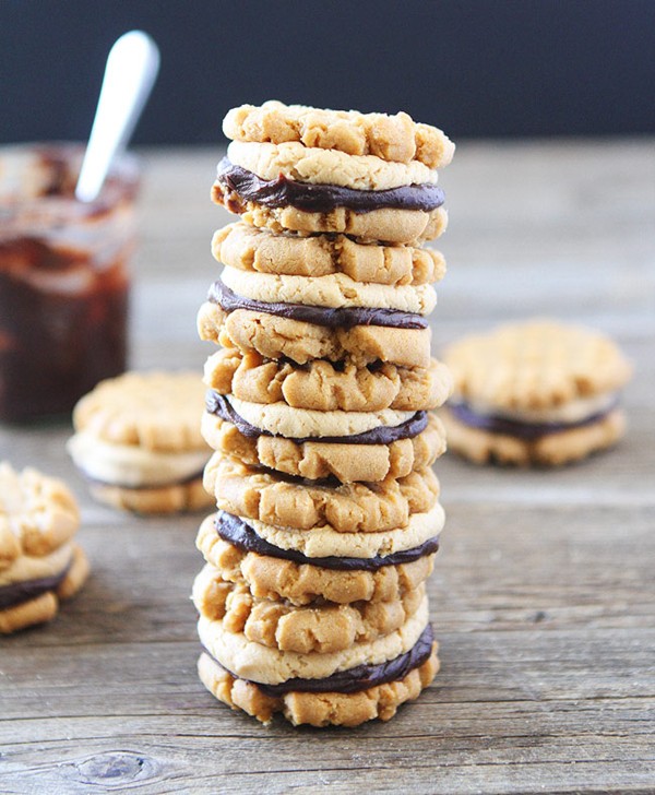Flourless peanut butter chocolate ganache sandwich cookies