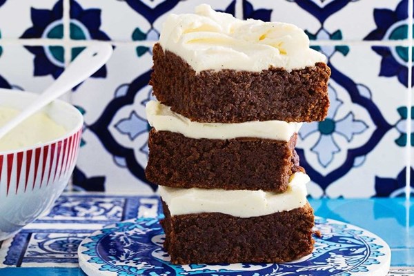 Flourless walnut brownies with whipped ricotta