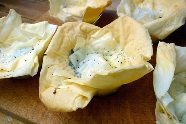 Flower sprout and Brie mini filo pies