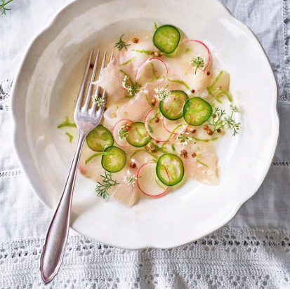 Fluke crudo with tomato-coriander mignonette