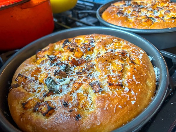 Focaccia with butternut squash, garlic, and sage