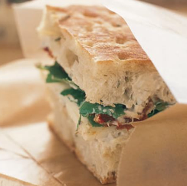 Focaccia with Havarti, arugula, and eggplant spread