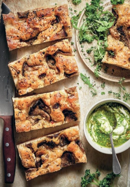 Focaccia with herb oil and oyster mushrooms
