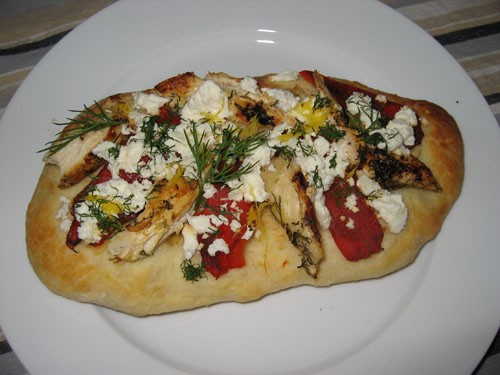 Focaccia with lemon and dill marinated grilled chicken, roasted red peppers and feta