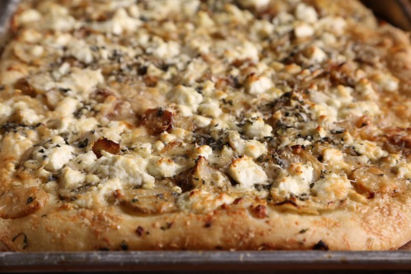 Focaccia with slivered artichokes and goat cheese