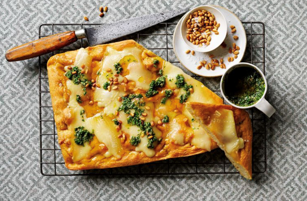 Focaccia with Taleggio, salsa verde and pine nuts