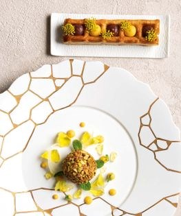 Foie gras terrine and toasted pistachio praline with fennel pollen waffle and smoked date jam