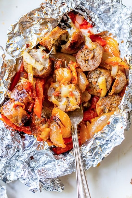 Foil packet cheesy sausage and peppers