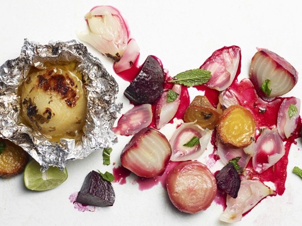 Foil-roasted beets and Vidalia onions with butter, lime and sea salt