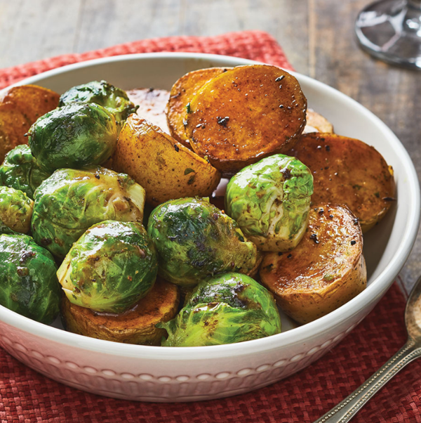 Fondant potatoes & Brussels sprouts with velvety pan sauce