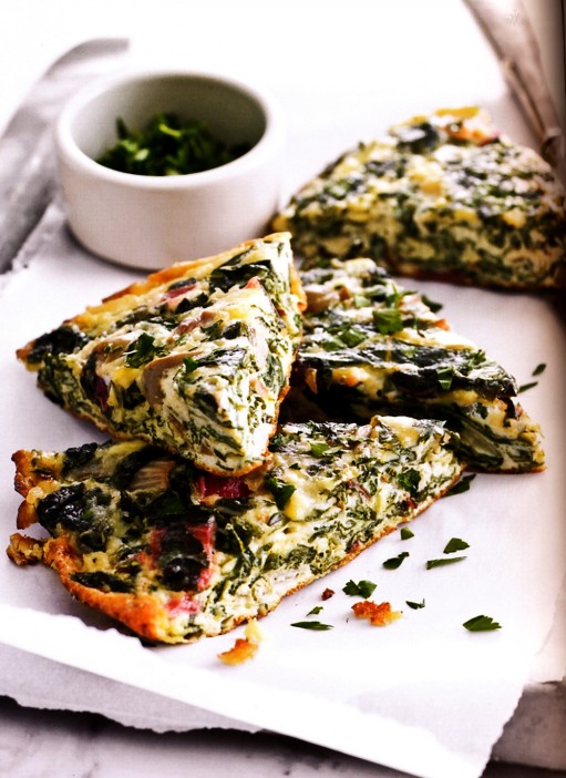 Fontina, chard, and green olive frittata