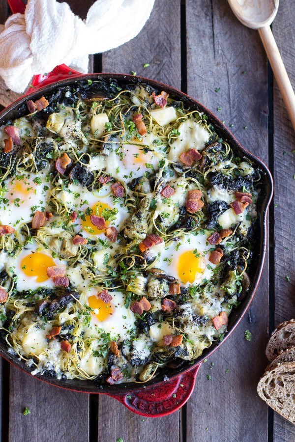 Fontina spinach and artichoke breakfast pasta hash