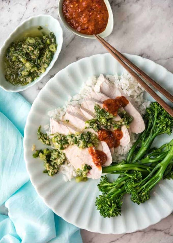 Foolproof poached chicken breast with ginger shallot sauce