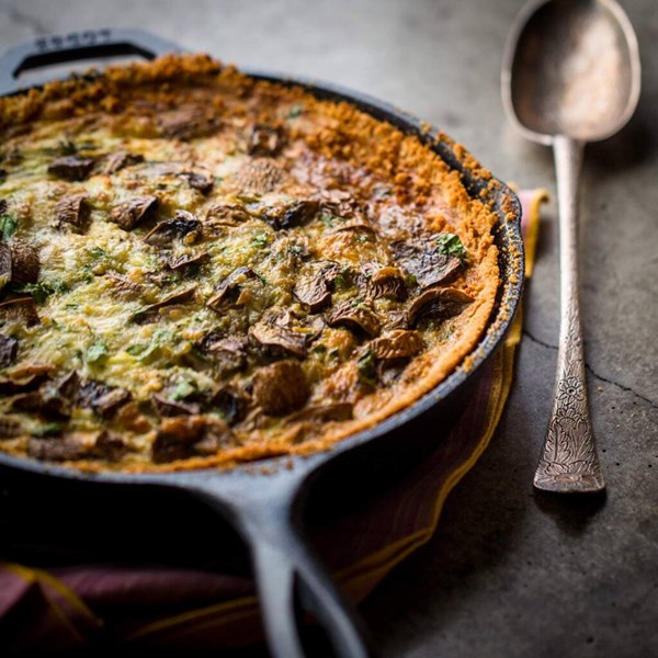 Foraged mushroom biscuit quiche