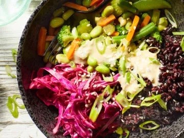 Forbidden rice bowl with quick pickled cabbage